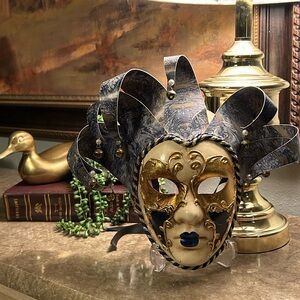 Authentic, artisanal Venetian mask Intricate Gold and Blue Masquerade Mask